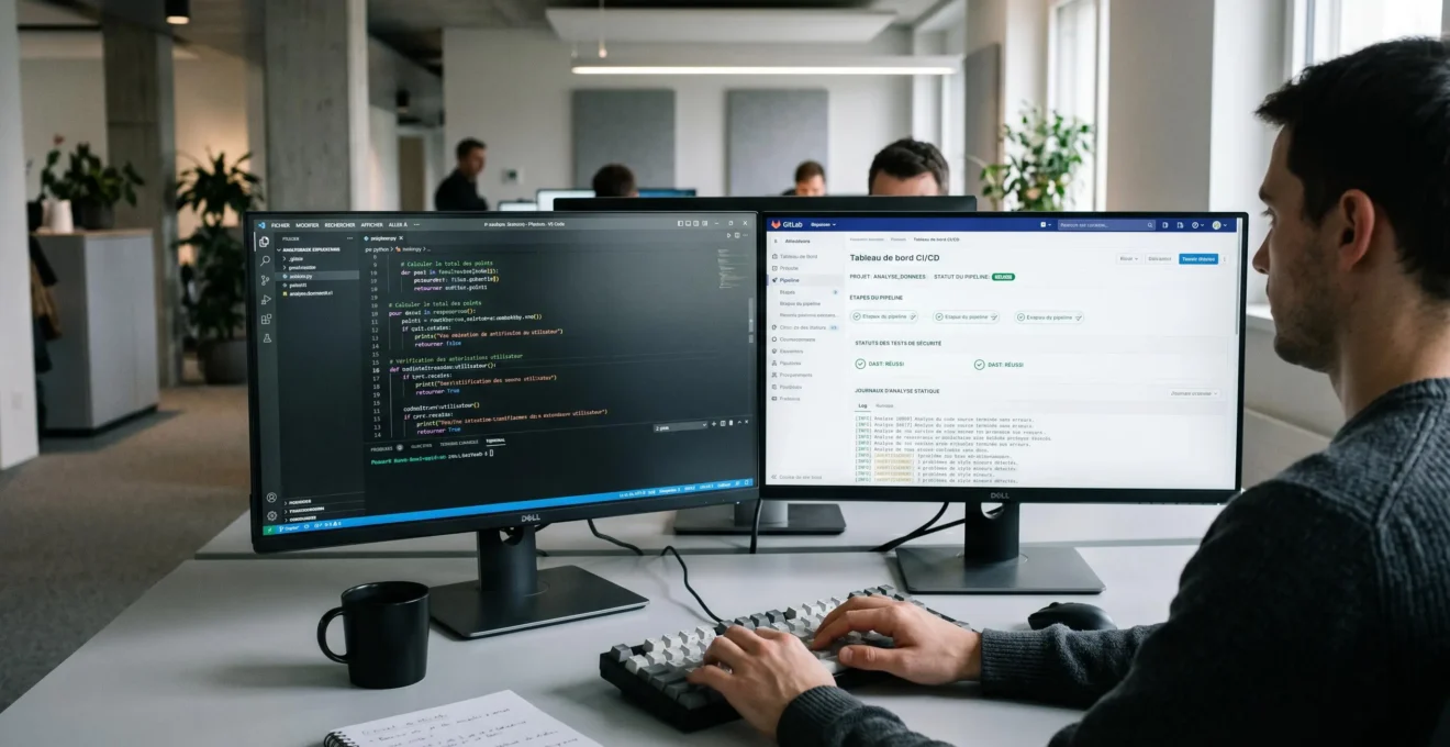 Poste de travail développeur avec double écran montrant IDE de code source et dashboard pipeline CI/CD GitLab avec tests sécurité en français, mains en position de frappe, éclairage naturel doux