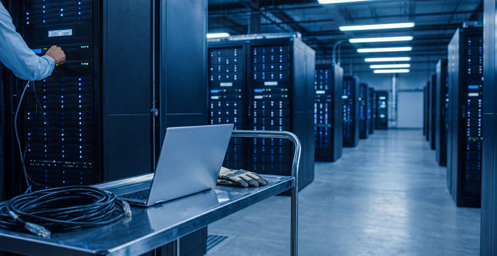 Vue large d'une salle data center moderne montrant multiples rangées parallèles de baies serveur avec LED verts actifs, câblage structuré et éclairage LED professionnel, valorisant capacité infrastructurelle massive